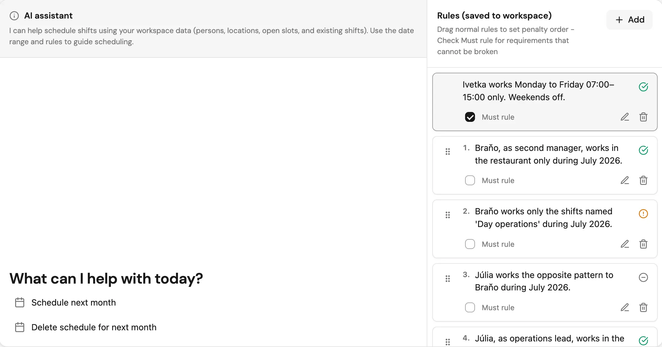 AI assistant helping with continuous shift scheduling