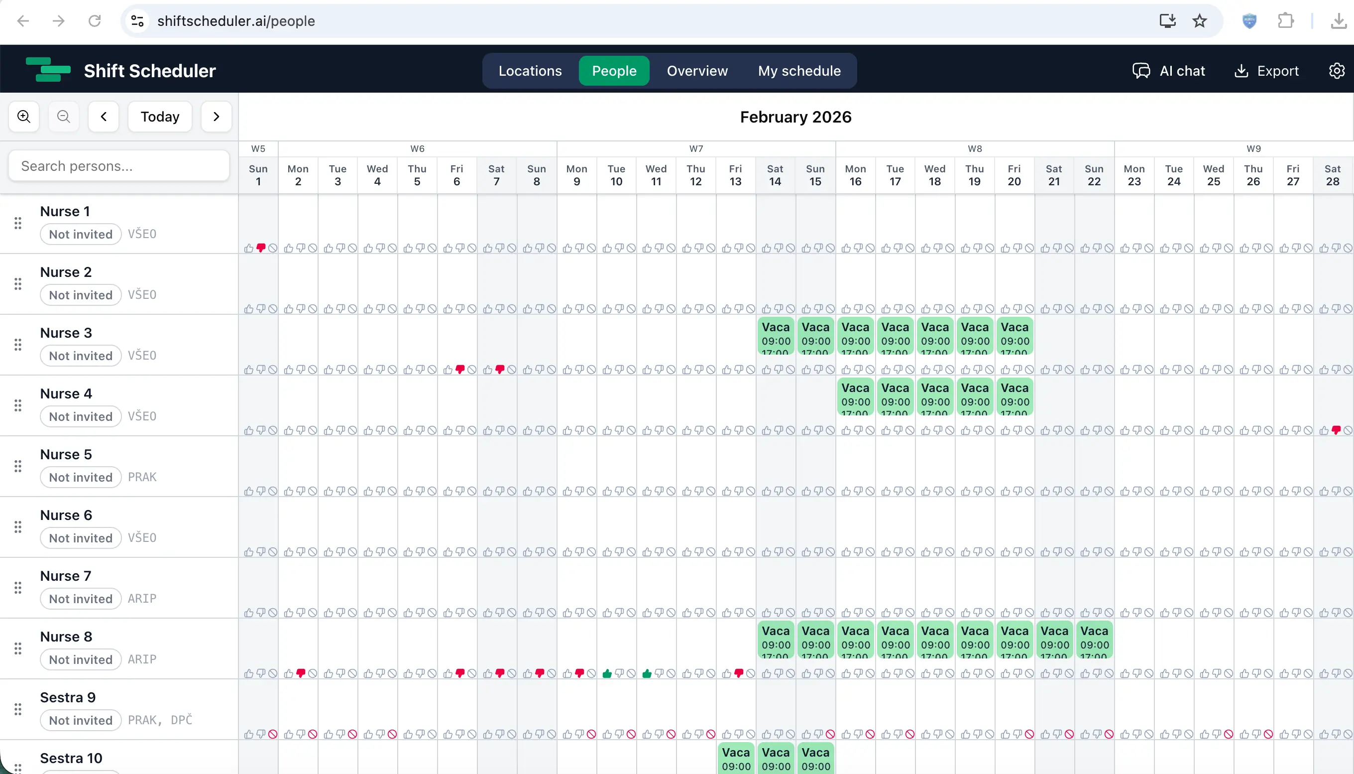 The schedule after collecting preferences and vacation requests from the team