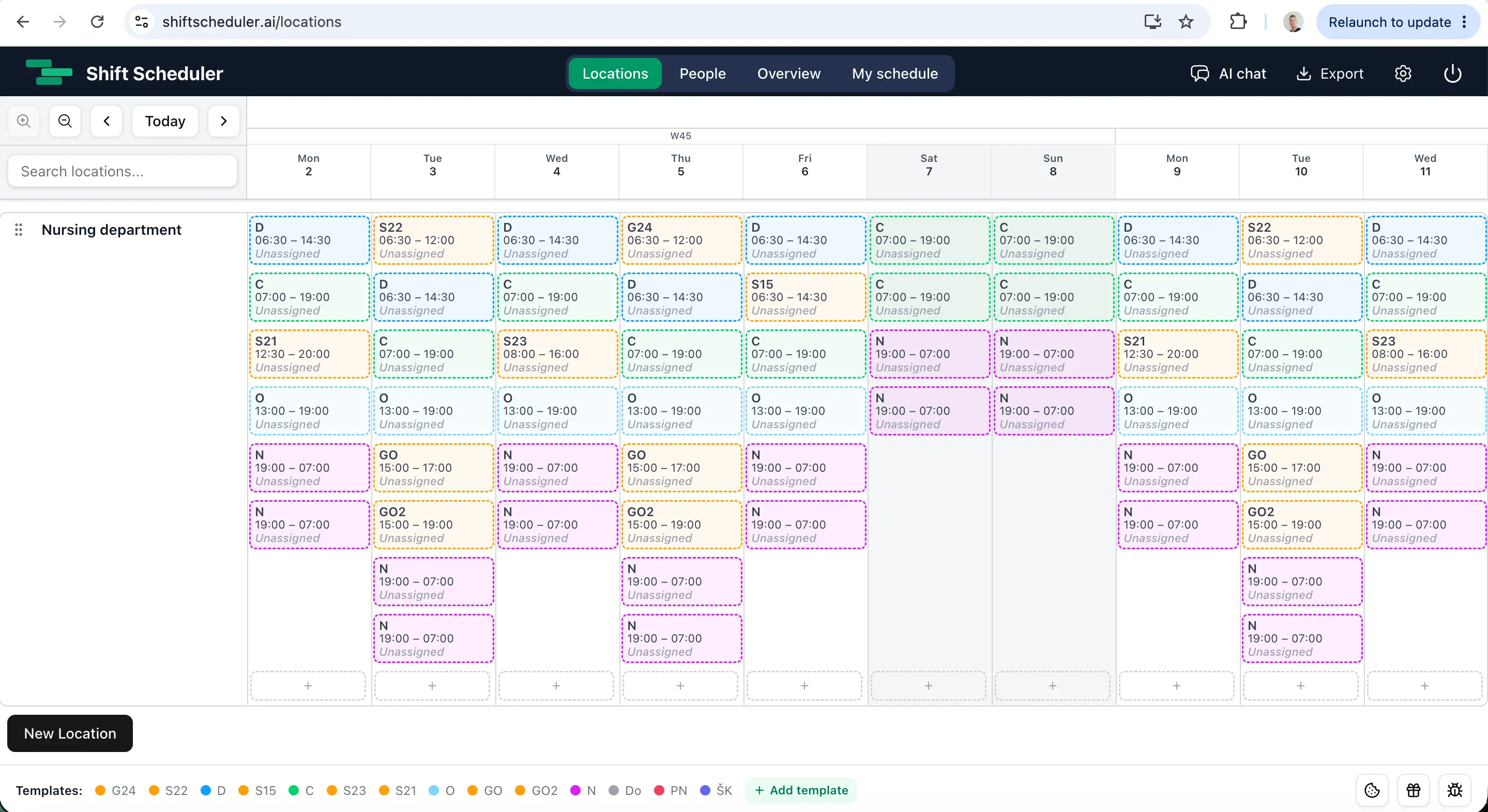 Shift templates and unassigned slots in the care home before AI scheduling