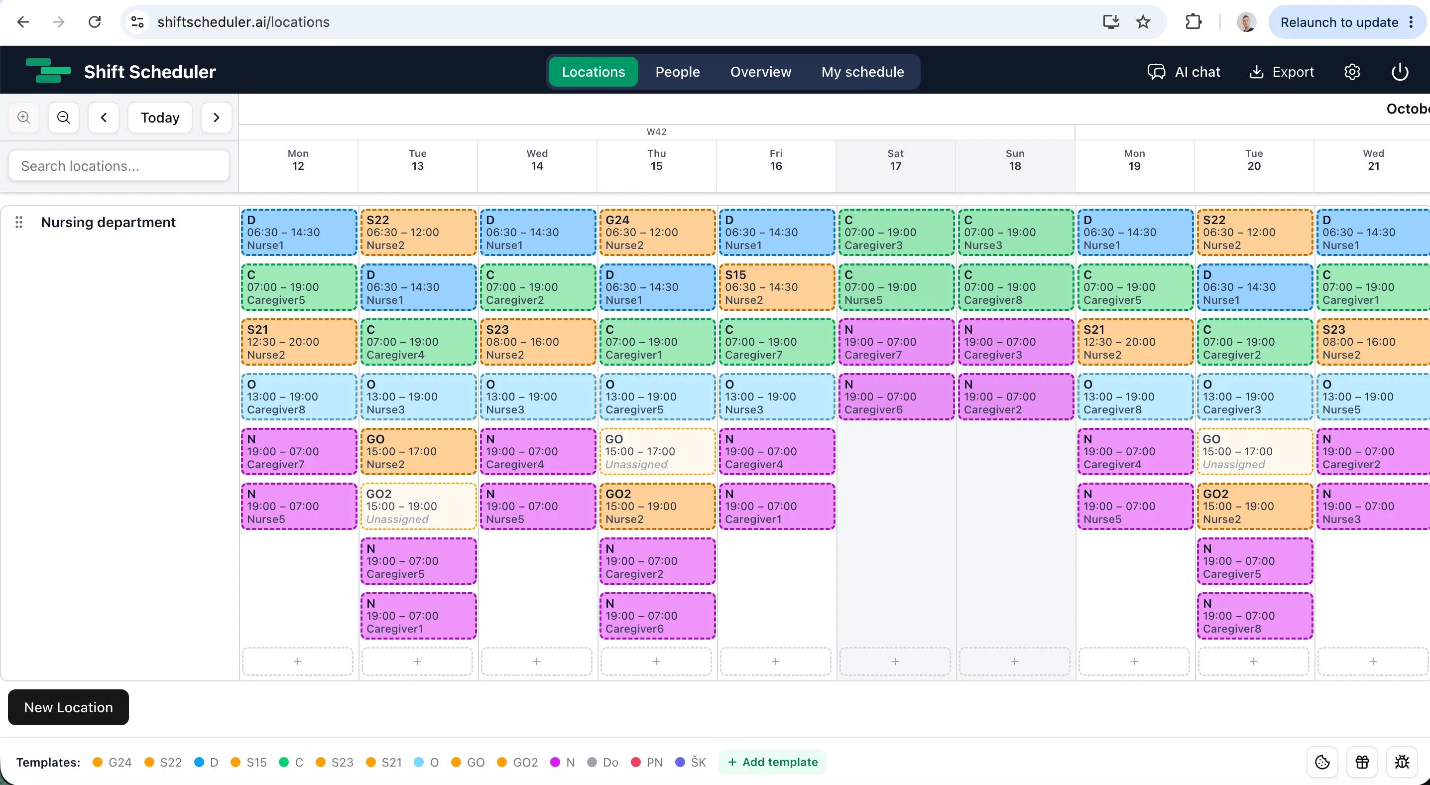 Completed care home rota showing nurses and care workers, with Nurse 2 assigned GO2 on Thursday the 15th