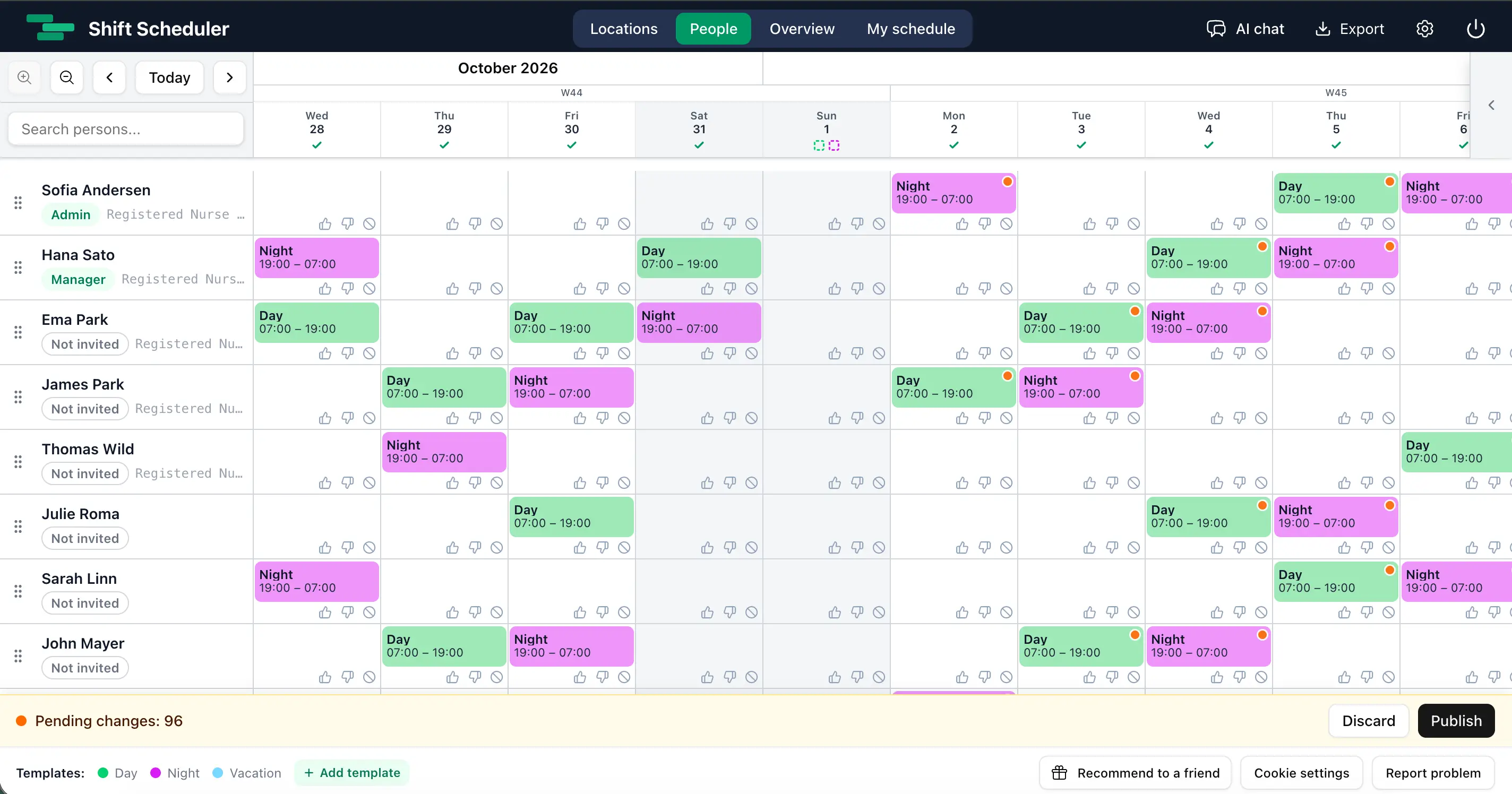 Pracovný priestor na plánovanie zmien v Shift Scheduler