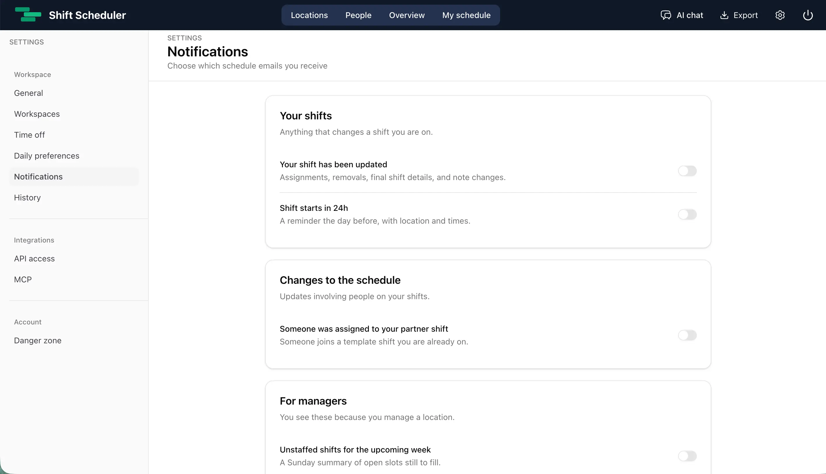 Ajustes de notificaciones en Shift Scheduler