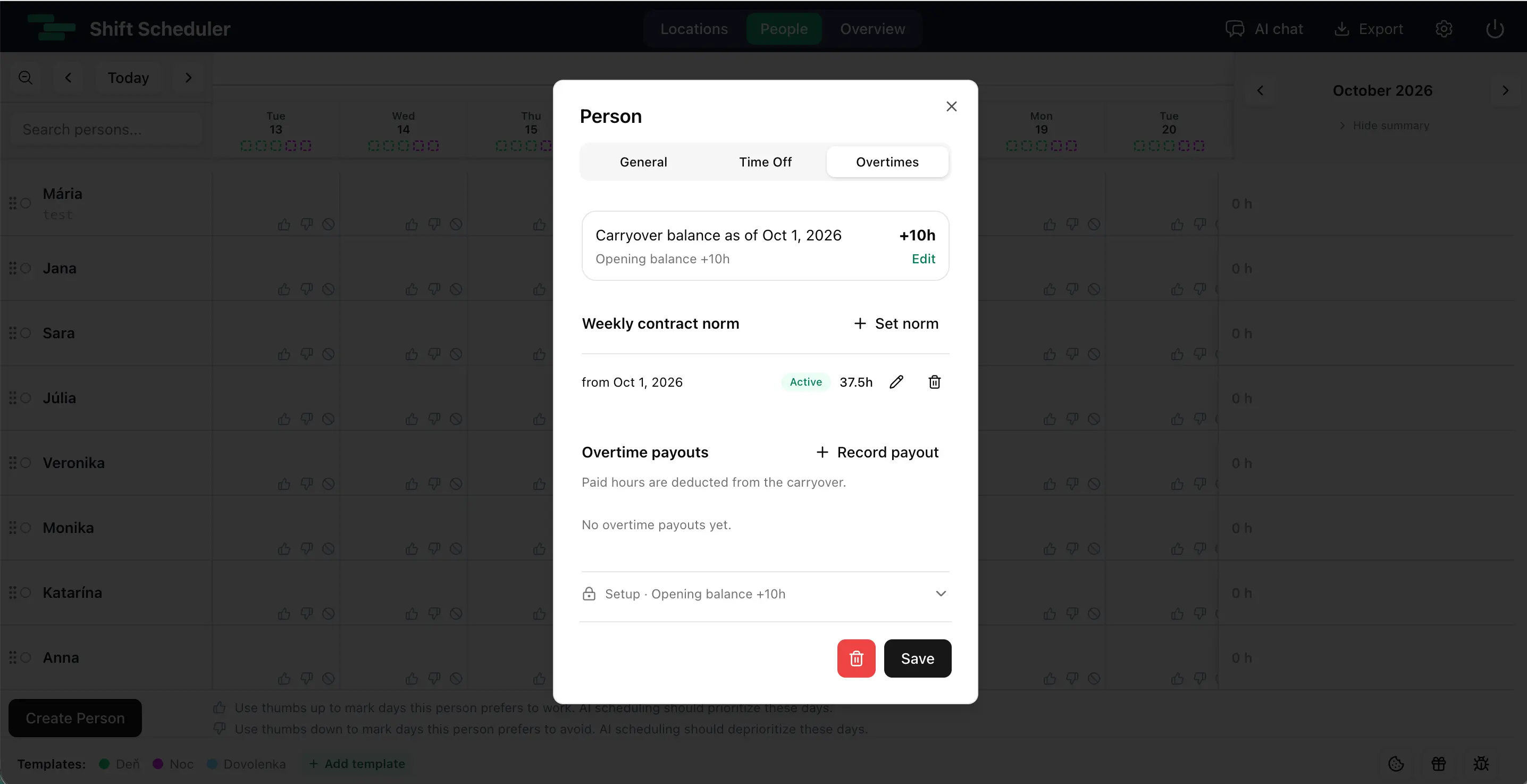 Overtimes tab in Shift Scheduler showing a +10-hour opening balance, a 37.5-hour weekly contract norm and overtime payouts
